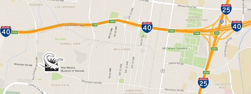 nmmnhs_map Map showing the New Mexico Museum of Natural History location near Mountain Road NW and Rio Grande Boulevard